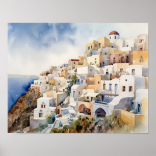 Santorini Oia Grécia Watercolor Art Poster