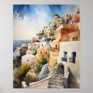 Santorini Oia Grécia Watercolor Art Poster
