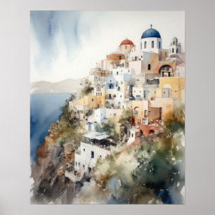 Santorini Oia Grécia Watercolor Art Poster