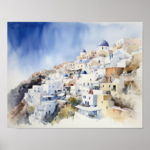 Santorini Oia Grécia Watercolor Art Poster