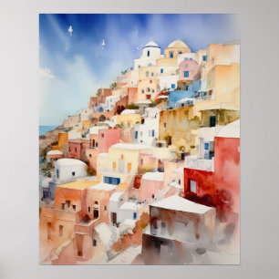 Santorini Oia Grécia Watercolor Art Poster