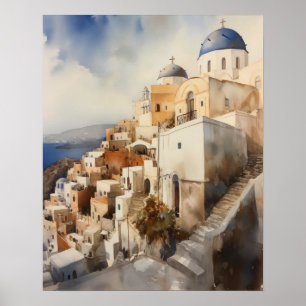 Santorini Oia Grécia Watercolor Art Poster