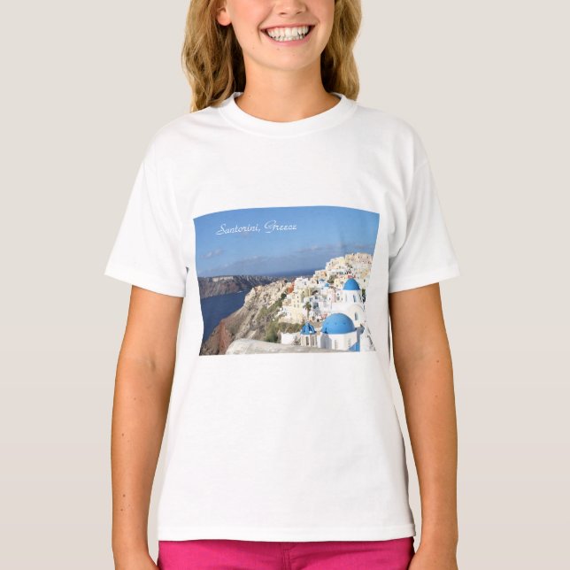 Santorini, piscina, Oia, t-shirt das meninas (Frente)