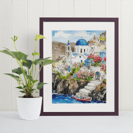 Santorini Watercolor Art Impressão