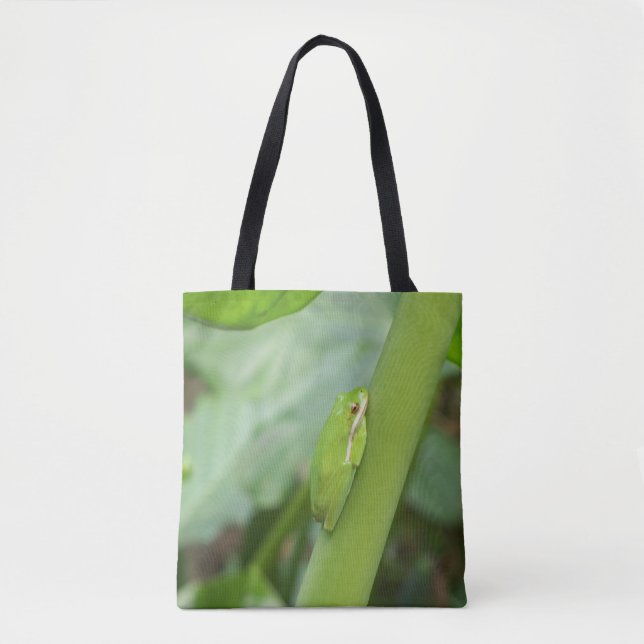 sapo verde brilhante em uma bolsa de tote (Frente)