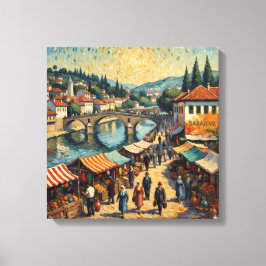 Sarajevo Riverside Bazaar Scene Canvas Art