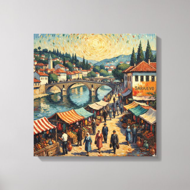 Sarajevo Riverside Bazaar Scene Canvas Art (Frente)