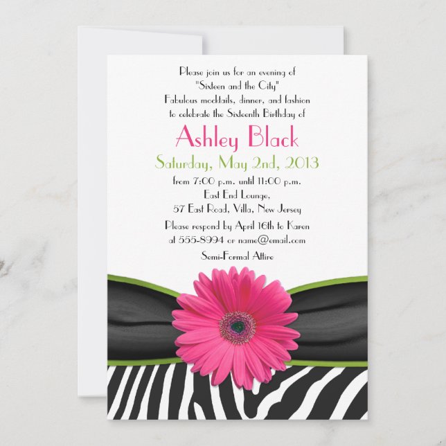 Sassy Pink Daisy Zebra Print Sweet 16 Convite (Frente)
