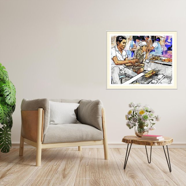 Satay Venler - Impressão de Arte de Aquarela (Singapore Satay Sellers Art Print")
