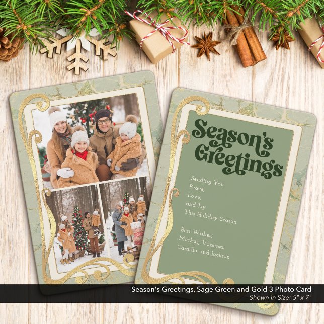 Saudações de Fim de Ano Verde Sage e Ouro 3 Cartão (Merry Christmas, Sage Green and Gold Holiday Three (3) Photo Greeting Card)