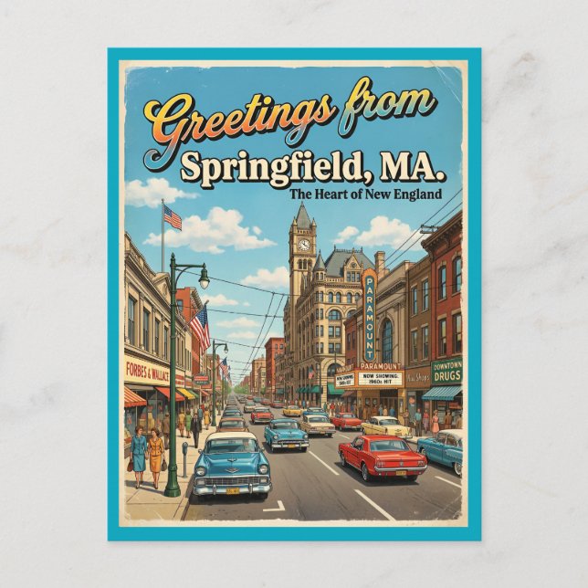 Saudações do Cartão Postal de Springfield MA, déca (Frente)