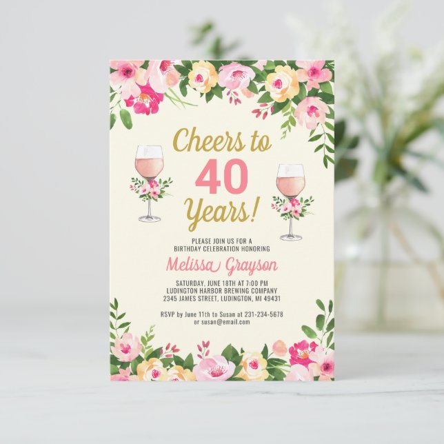 Saúde aniversário de 40 anos Convite Floral (Em pé/Frente)