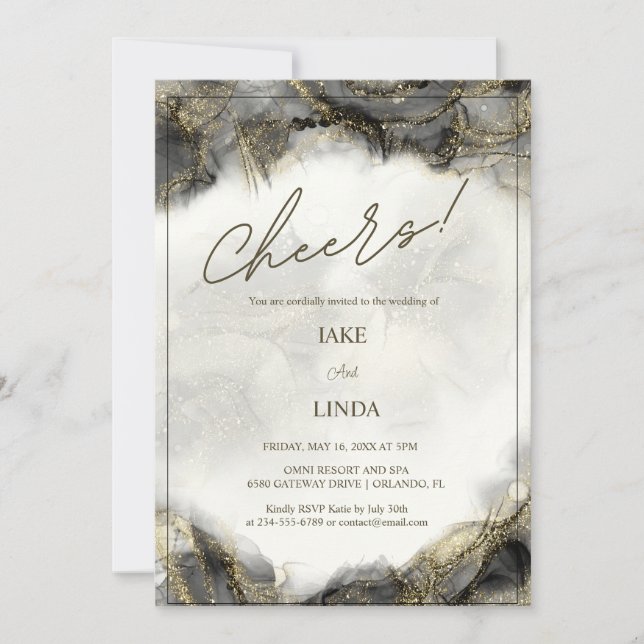 Saúde! Convite para Casamento de Glam Marble Doura (Frente)