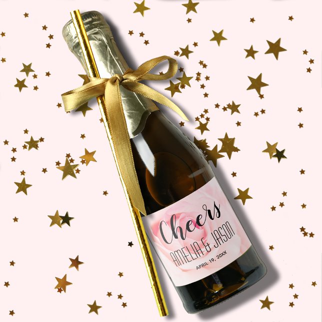 Saúde em Mini Casamento de Rosa de Cor Rosa Pálida (Cheers on pale pink blooming rose mini champagne bottle labels, give as favor or for you to serve)