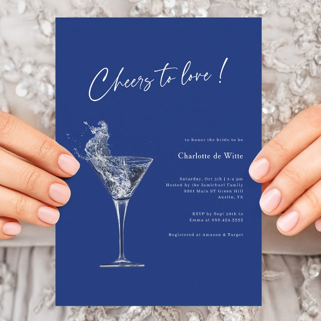 Saúde Para Amar! Convite para Chá de panela Azul R (Cheers To Love _ Modern Royal Blue Bridal Shower  Invitation)