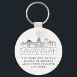 Savannah Stylizou o Chaveiro de Slogan Personaliza<br><div class="desc">Uma cadeia-chave única que representa a bela e acolhedora cidade de Savannah, Geórgia. Este chaveiro apresenta uma ilustração estilizada do horizonte único da cidade com seu nome embaixo. Por baixo do nome da cidade está um lugar para o seu slogan ou afirmação exclusivo sobre a sua cidade favorita. Excelente para...</div>