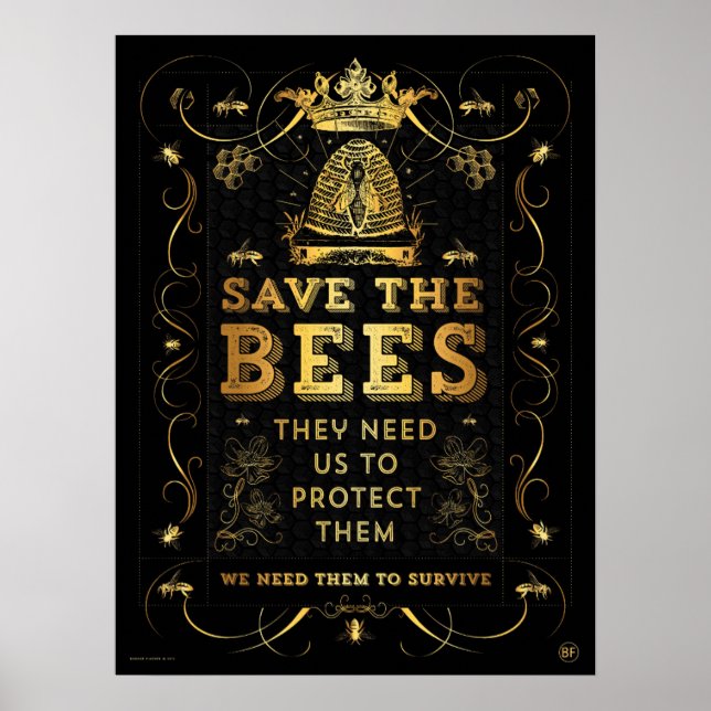 SAVE THE BEES! FAUX GOLD POSTER (Frente)