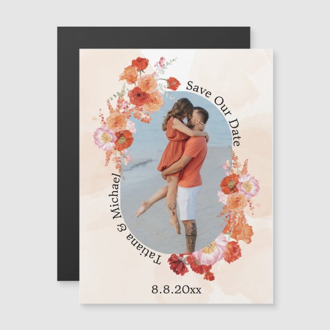 save the date floral orange arch photo magnet (Frente/Verso)