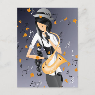 Saxofonista Palhaço Cartão Postal Amarelo e Cinza