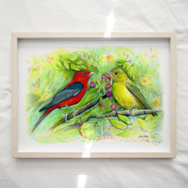 Scarlet Tanager Birds Watercolor Art Impressão