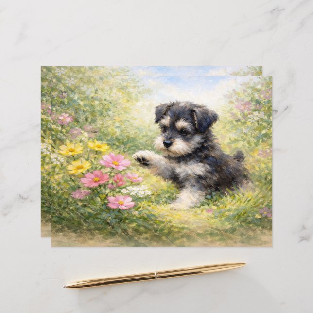 Schnauzer Puppy Springtime Flowers Scrapbook Paper (Frente/Verso In Situ)