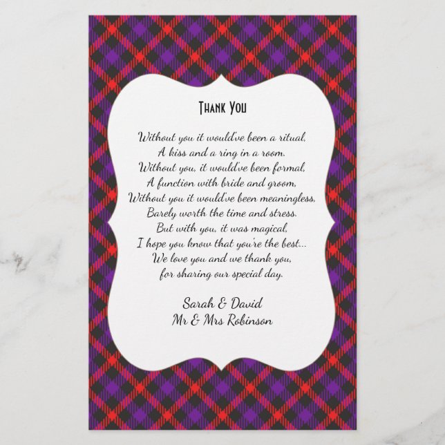 Scotch Clan Tartan Casamento Poema Obrigado Scroll (Frente)