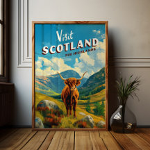 Scotland Highlands Viagens vintage Poster Cow
