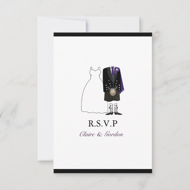 Scottish Kilt Bride & Groom Wedding RSVP - roxo (Frente)