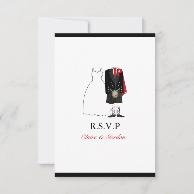Scottish Kilt Bride & Groom Wedding RSVP - vermelh (Frente)