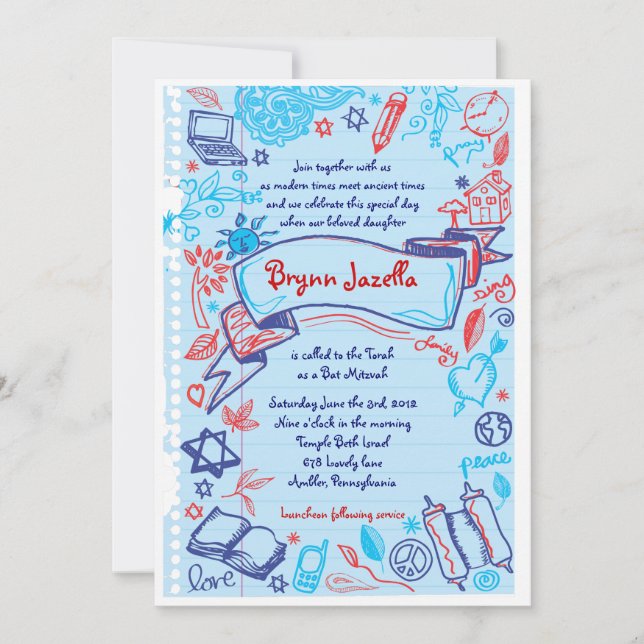 SCRIBBLES no Convite Bat Mitzvah NOTEPAPER (Frente)
