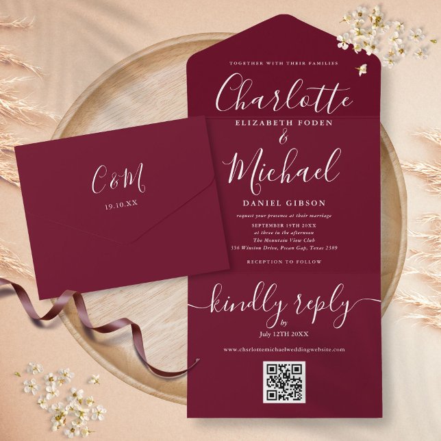Script de Código QR Borgonha Casamento Minimalista (Burgundy QR Code Script Minimalist Wedding All In One Invitation)