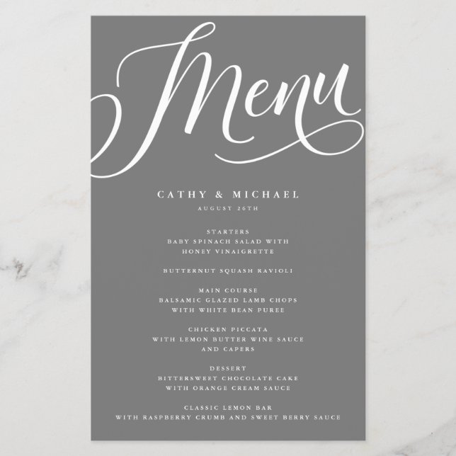 Script de Floreio Moderno, Menu Papel de Cinza (Frente)