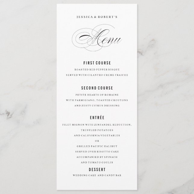 Script de Menu de Casamento Elegante Preto e Branc (Frente)