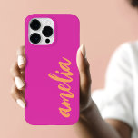 Script de nome personalizado bold laranja magenta<br><div class="desc">Cobrir telefônico com seu nome em uma fonte de script laranja em um fundo rosa-quente magenta. Design de cor e cor.</div>