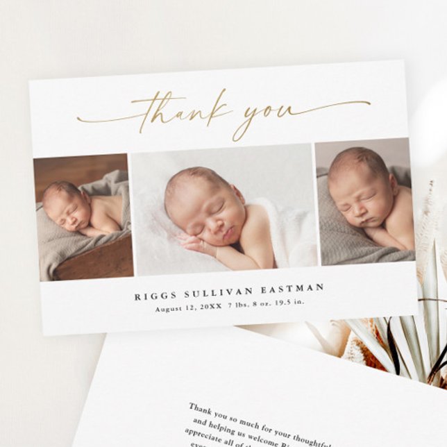 Script de Orçamento 3 Anúncio de Bebê Foto Agradec (Elegant gold script 3 photo collage baby budget thank you card birth announcement.)
