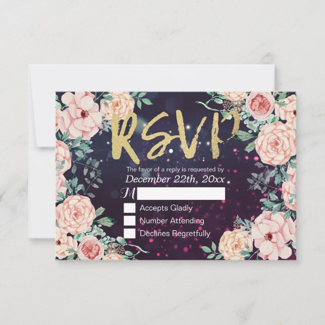 Script Dourado de RSVP de Resposta Chic Floral Rox (Frente)