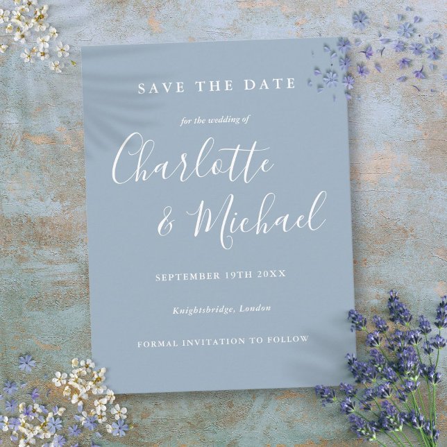 Script Dusty Blue Wedding Salvar o Cartão de Data (Script Dusty Blue Wedding Save the Date Card)