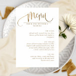 Script Elegante, Menu Casamento Branco e Dourado<br><div class="desc">Menu branco e ouro atrativo com detalhes modernos de caligrafia escrita à mão e uso de tipografia de blocos. Olhar contemporâneo elegante, limpo e simples. Capacidade de adicionar os seus próprios detalhes de menu. Se necessário, você pode ajustar espaço, tamanho ou estilo do texto selecionando personalizar ainda mais. De volta...</div>