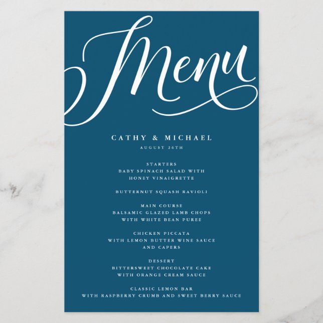 Script Flourish Moderno, Menu Papel Azul Escuro (Frente)