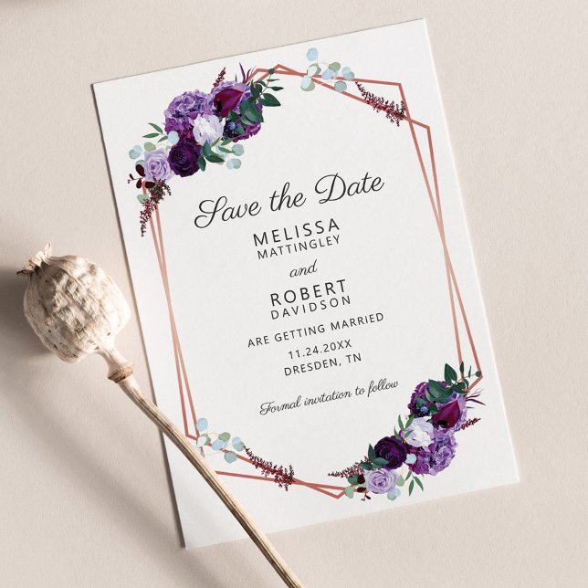 Script Geométrico Floral Purple Salva a Data (Purple Floral Geometric Wedding Save the Date Announcement)