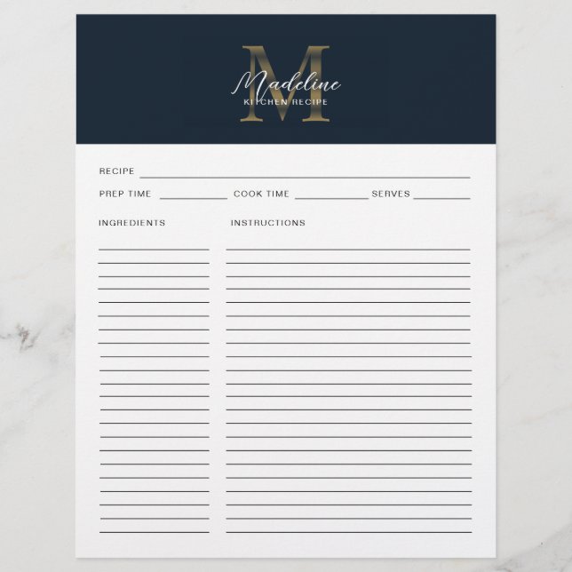Script Navy Blue Metallic Gold Monogram Recipe (Frente)