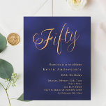 Script ouro azul marinho 50º convite para o aniver<br><div class="desc">Um convite moderno e na moda para uma festa de aniversário 50ª. Um fundo azul marinho,  incolor e a palavra Cinquenta escrita com letras elegantes e grandes em dourado falso. Personalize e adicione um nome e detalhes da parte. 1 folha = 1 convite impresso de borda a borda.</div>