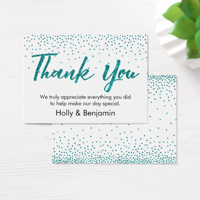 Script Teal Confetti Obrigado Cartão de Marca de F (Mesa)