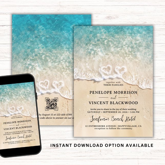 Sea Foam Hearts Beach Weding Convite (Criador carregado)