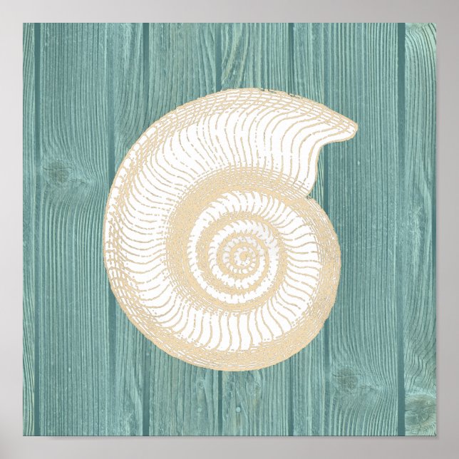 Sea Shell Vintage Aqua Wood Beach Poster (Frente)