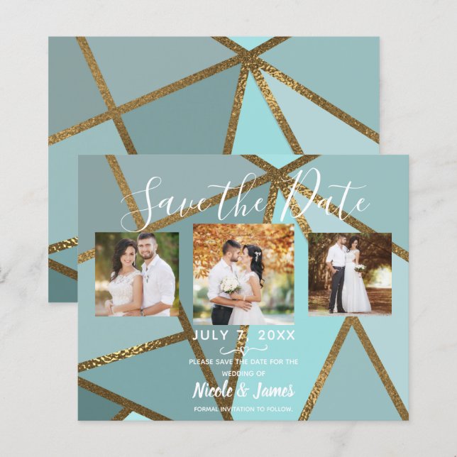 Seafoam Teal Bronze Moderno Casamento Salve a Data (Frente/Verso)