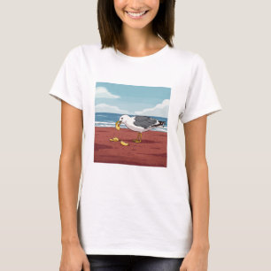Seagull comendo um chip na camiseta PEI Beach