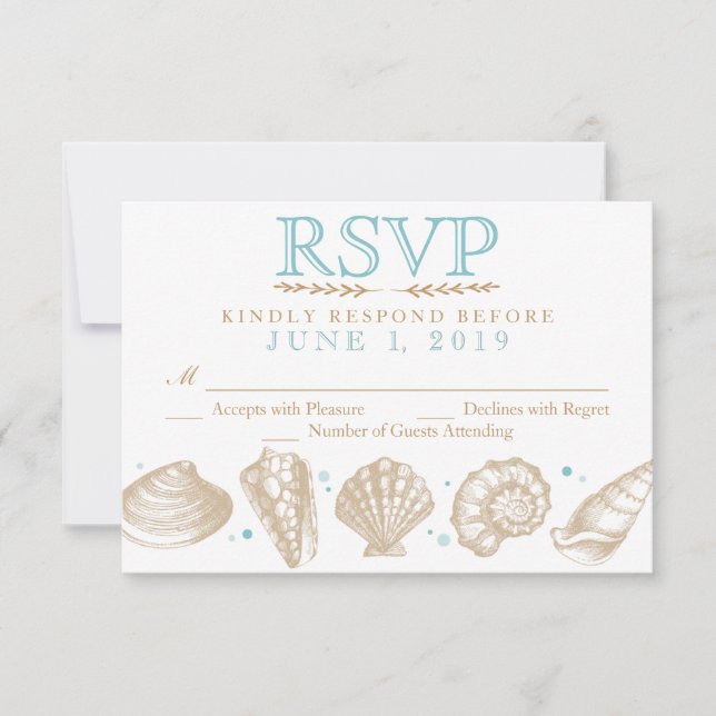 Seashells Náutica Beach Weding RSVP Tan/Aqua (Frente)