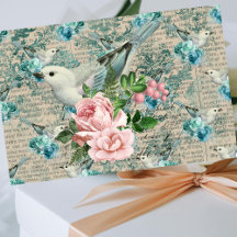 Arte de Pássaros Antigos, Flores Papel Tecido de C
