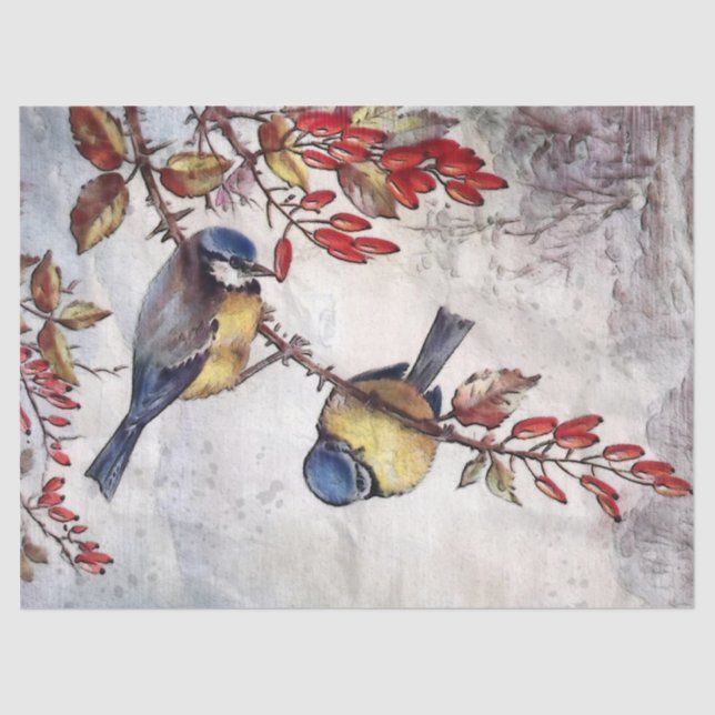 Seda Autumn Birds 4 Papel Tecido de Decoupage (Frente )